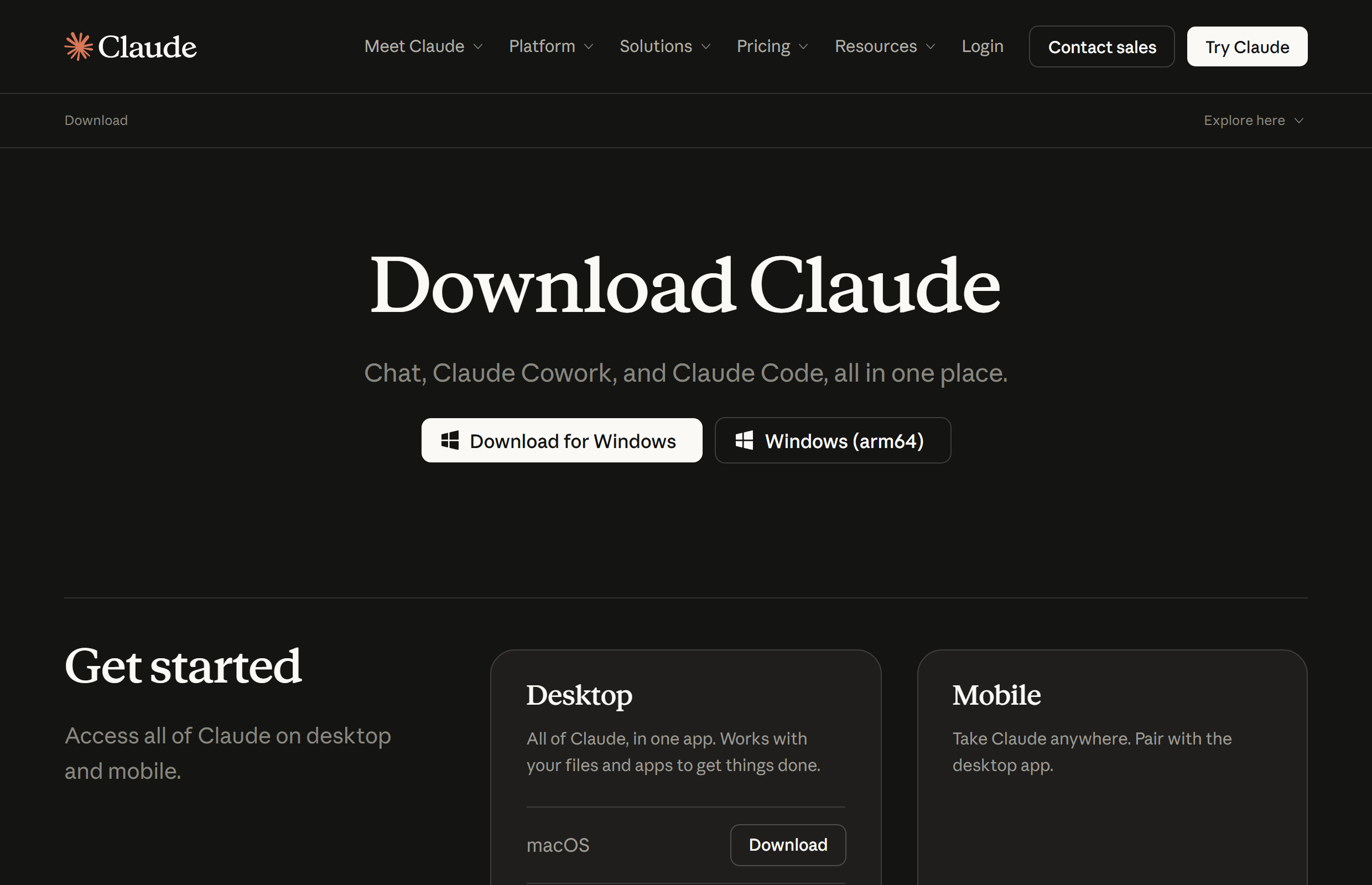 claude.ai/download 실제 화면 — Download for Windows 버튼