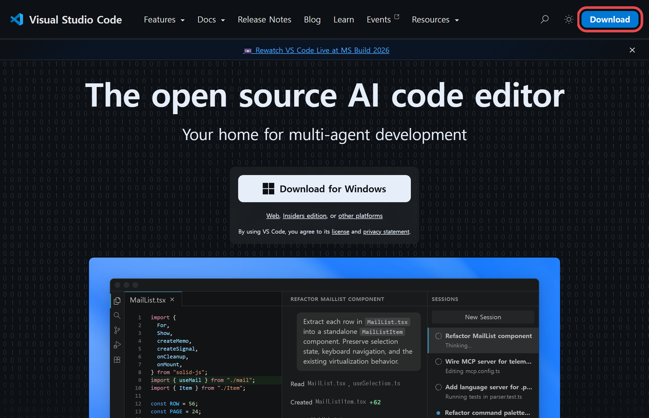 code.visualstudio.com 실제 화면 — Download for Windows 버튼